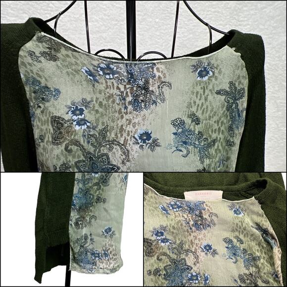 Zara Knit Floral Chiffon Sweater Tunic High Low Split Hem Long Sleeves Green - Picture 6 of 12